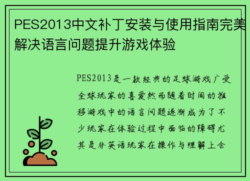 PES2013中文补丁安装与使用指南完美解决语言问题提升游戏体验