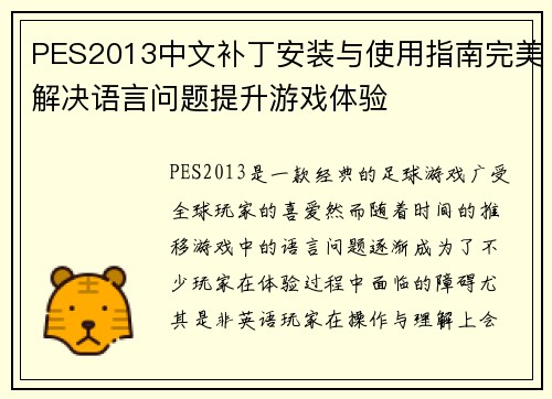 PES2013中文补丁安装与使用指南完美解决语言问题提升游戏体验