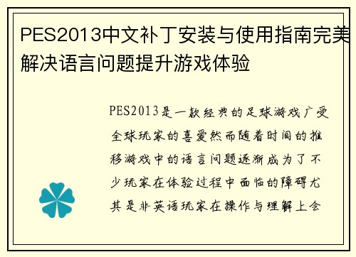 PES2013中文补丁安装与使用指南完美解决语言问题提升游戏体验