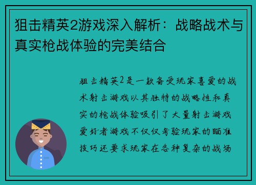 狙击精英2游戏深入解析：战略战术与真实枪战体验的完美结合